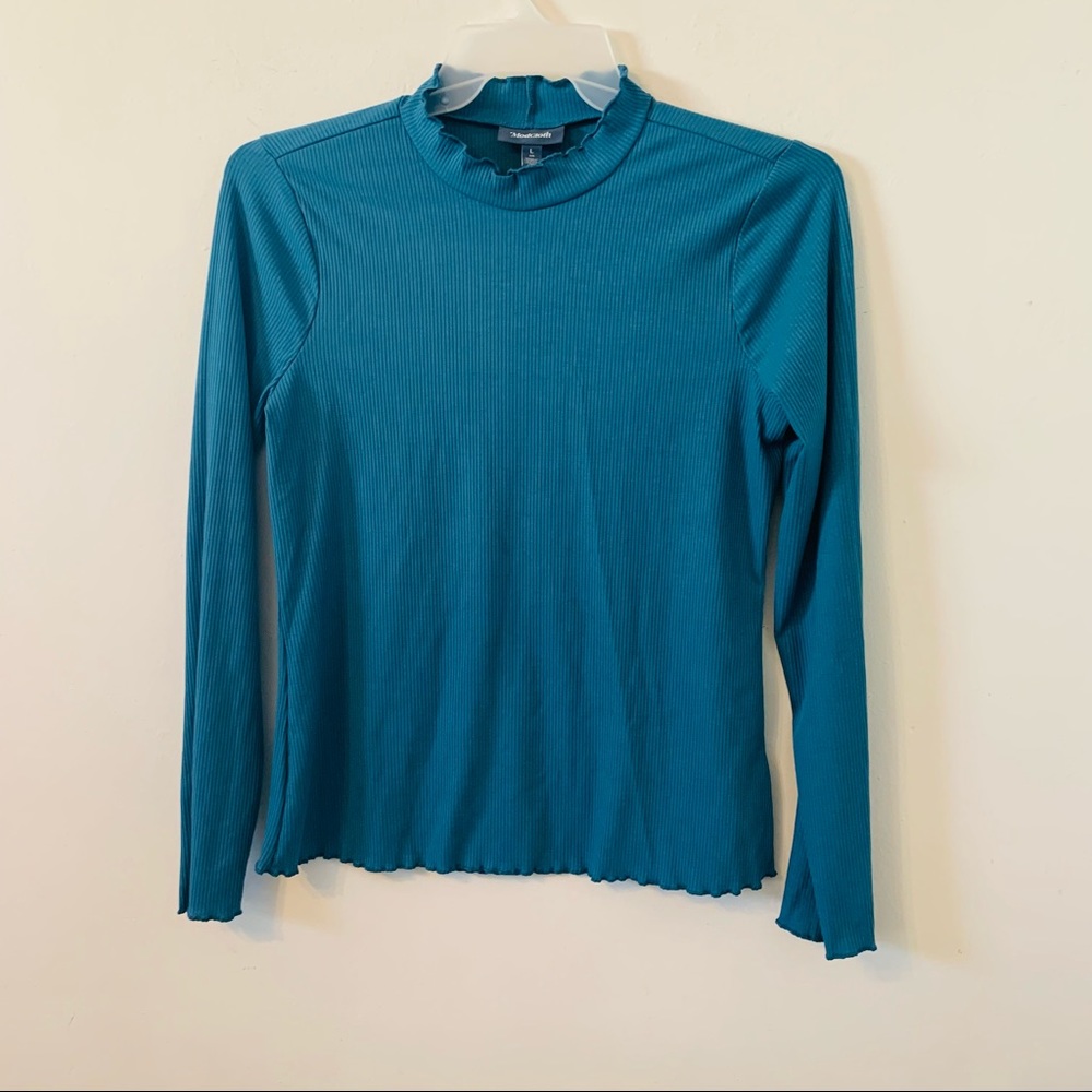 Modcloth Ribbed Scalloped Mock Neck Blue Top L